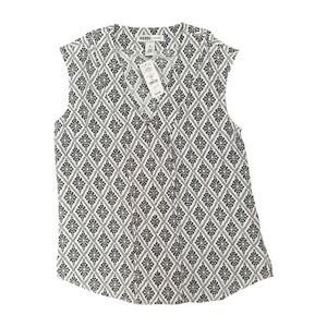 WHBM Outlet Sleeveless Button Down Blouse Diamond Print Black White Women XS NWT